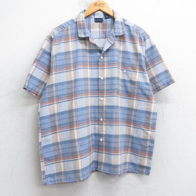 XL★古着 リーバイス Levis 半袖 シャツ メンズ 90年代 90s 開襟 オープンカラー 薄紺他 ネイビー チェック 25aug06 中古 トップス