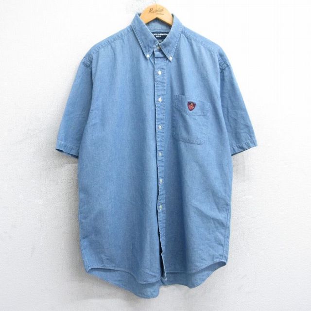 XL★古着 ラルフローレン Ralph Lauren 半袖 ブランド シャツ メンズ 90年代 90s ゴルフ ワンポイントロゴ TILDEN 大きいサイズ コットン ボタンダウン 紺 ネイビー 25aug06 中古 トップス