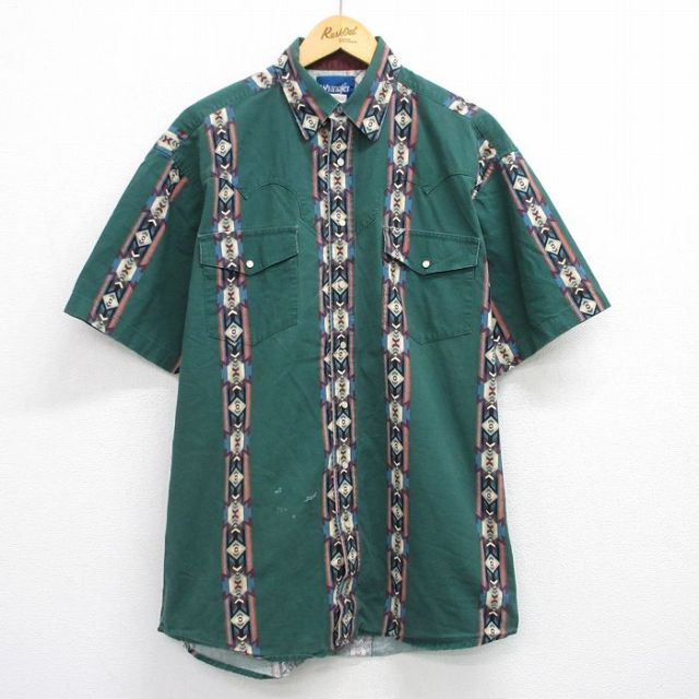 XL★古着 ラングラー Wrangler 半袖 ウエスタン シャツ メンズ ネイティブ柄 ラグ柄 緑他 グリーン ストライプ 25aug07 中古 トップス
