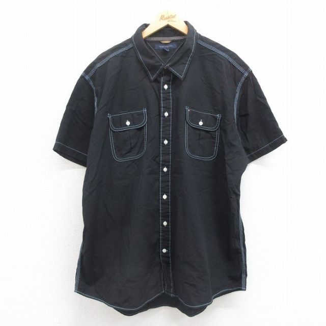 【50%OFF】XL★古着 トミーヒルフィガー TOMMY HILFIGER 半袖 ブランド シャツ メンズ ワンポイントロゴ 大きいサイズ コットン 黒 ブラック 25aug08 中古 トップス