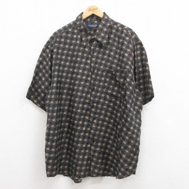 【50%OFF】XL★古着 半袖 シャツ メンズ 総柄 ロング丈 シルク 黒 ブラック 25aug08 中古 トップス