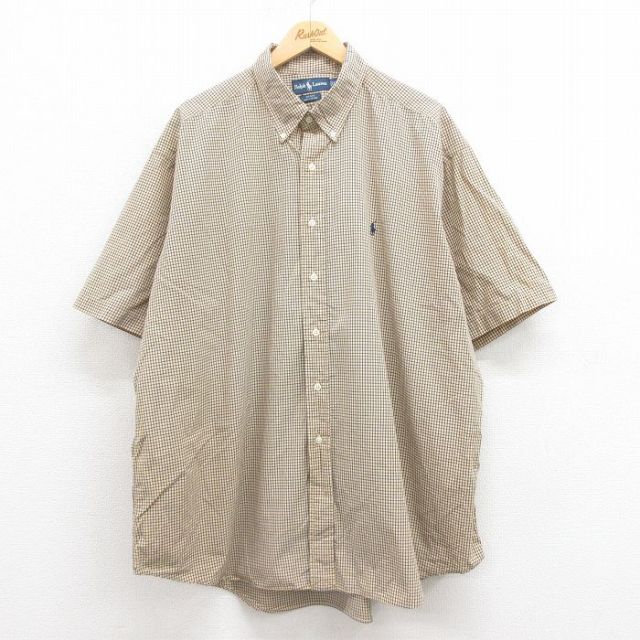 【50%OFF】XL★古着 ラルフローレン Ralph Lauren 半袖 ブランド シャツ メンズ 90年代 90s ワンポイントロゴ BLAKE 大きいサイズ ロング丈 コットン ボタンダウン 黄 イエロー チェック 【spe】 25aug08 中古 トップス