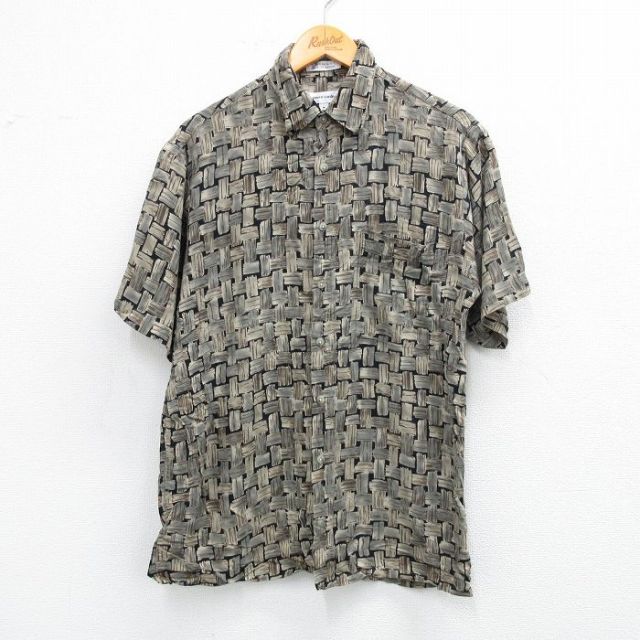 M★古着 ピエールカルダン pierre cardin 半袖 ブランド シャツ メンズ 90年代 90s 総柄 レーヨン ベージュ系他 カーキ 25aug19 中古 トップス
