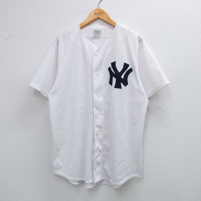 XL★古着 マジェスティック 半袖 ベースボール シャツ メンズ 80年代 80s MLB ニューヨークヤンキース メッシュ地 USA製 白 ホワイト メジャーリーグ 野球 25aug19 中古 トップス