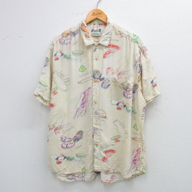 XL★古着 ジャムズワールド 半袖 シャツ メンズ 90年代 90s 貝殻 イカ 寿司 大きいサイズ 薄黄他 イエロー 【spe】 25aug19 中古 トップス