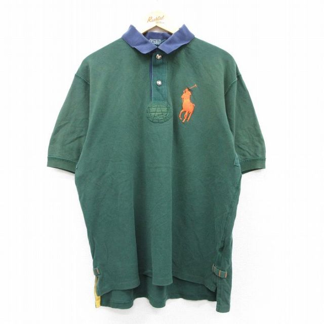 XL★古着 ラルフローレン Ralph Lauren 半袖 ブランド ラガー シャツ メンズ ビッグポニー 鹿の子 コットン 緑他 グリーン 25aug21 中古 トップス