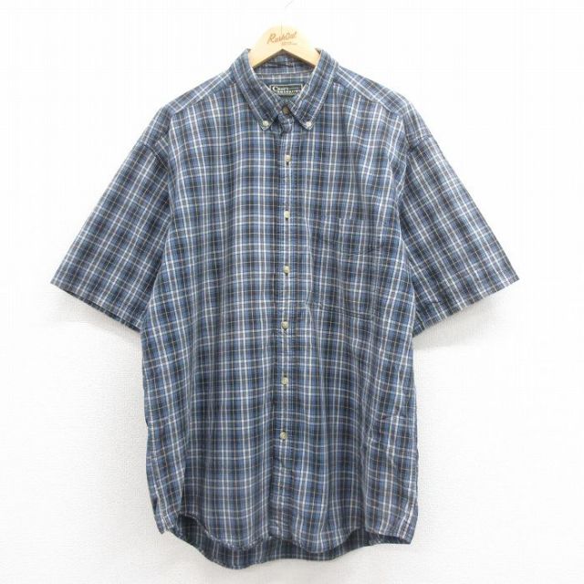 XL★古着 半袖 シャツ メンズ 大きいサイズ ロング丈 コットン ボタンダウン 紺他 ネイビー チェック 25aug22 中古 トップス