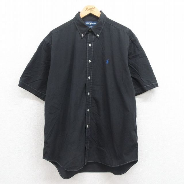 XL★古着 ラルフローレン Ralph Lauren 半袖 ブランド シャツ メンズ 90年代 90s ワンポイントロゴ BLAKE 大きいサイズ ロング丈 コットン ボタンダウン 黒 ブラック 【spe】 25aug22 中古 トップス
