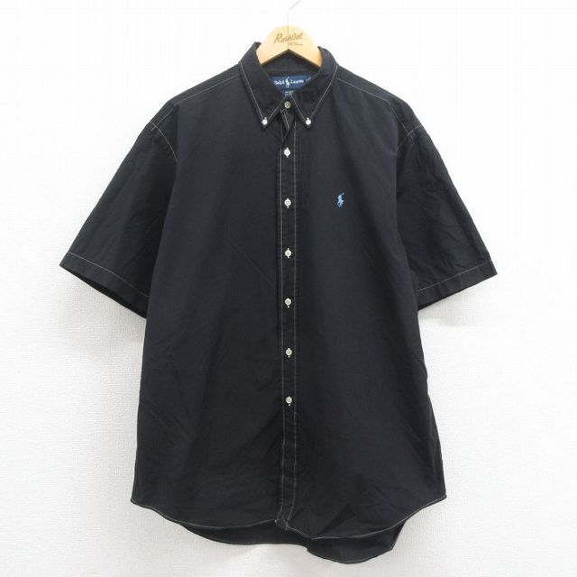 【50%OFF】XL★古着 ラルフローレン Ralph Lauren 半袖 ブランド シャツ メンズ 90年代 90s ワンポイントロゴ BLAKE 大きいサイズ ロング丈 コットン ボタンダウン 黒 ブラック 【spe】 25aug22 中古 トップス
