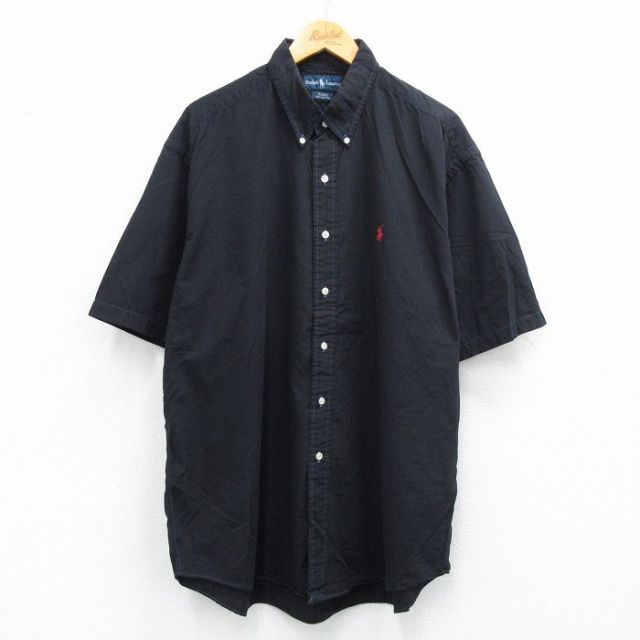 XL★古着 ラルフローレン Ralph Lauren 半袖 ブランド シャツ メンズ 90年代 90s ワンポイントロゴ BLAKE 大きいサイズ ロング丈 コットン ボタンダウン 黒 ブラック 25aug23 中古 トップス