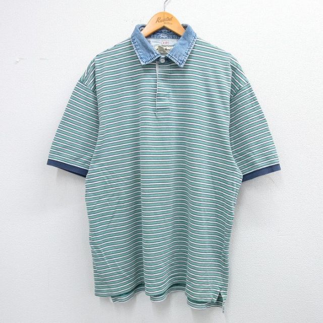 【50%OFF】XL★古着 エディーバウアー 半袖 ラガー シャツ メンズ 00年代 00s 鹿の子 大きいサイズ コットン 緑他 グリーン ボーダー 【spe】 25aug23 中古 トップス