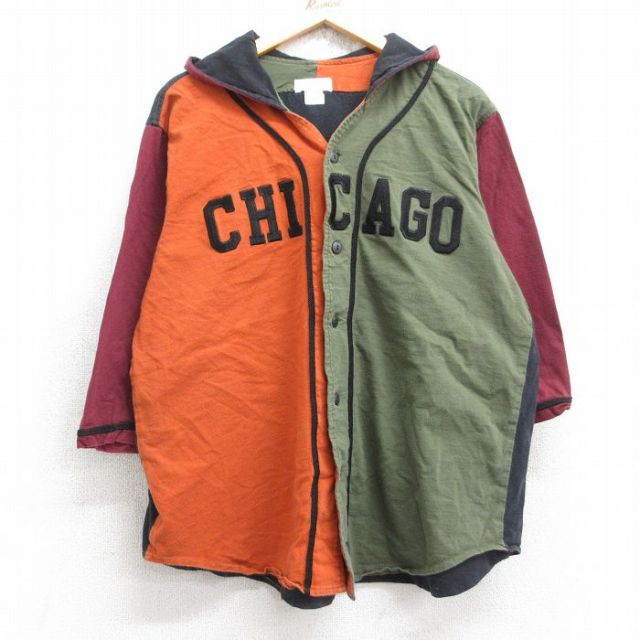 【50%OFF】L★古着 半袖 ベースボール シャツ メンズ 80年代 80s シカゴ クレイジーパターン マルチカラー USA製 オレンジ他 【spe】 25aug29 中古 トップス