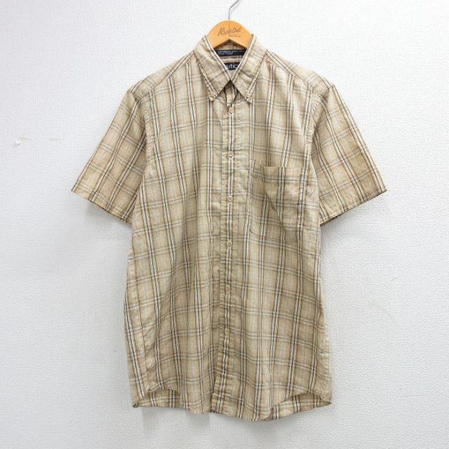 ノーティカ 90s 半袖シャツ ワンポイントロゴ ベージュチェック メンズM相当 | 古着