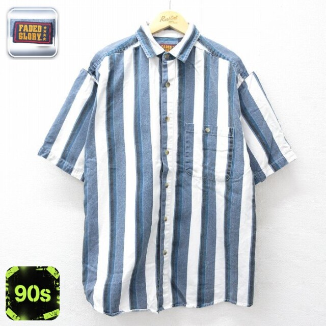 FADED GLORY 90s 半袖シャツ ストライプ ネイビー メンズXL相当 | 古着