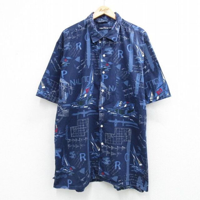 ノーティカ 90s 半袖シャツ ビッグロゴ ネイビー メンズXL相当 | 古着