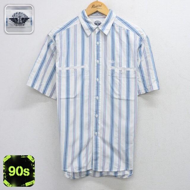 【20%OFF】ドッカーズ 90s 半袖シャツ ワンポイントロゴ ホワイトストライプ メンズM相当 | 古着