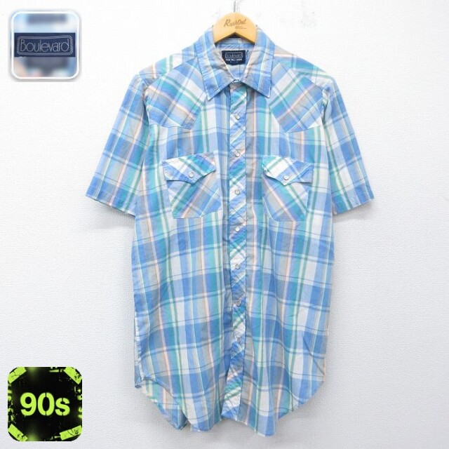 【20%OFF】90s 半袖ウエスタンシャツ ネイビーチェック メンズL相当 | 古着