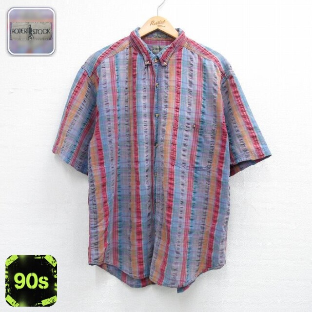 90s 半袖シャツ シアサッカー ネイビーチェック メンズXL相当 | 古着