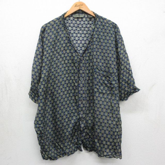 90s 半袖シャツ 総柄 ネイビー XL | 古着