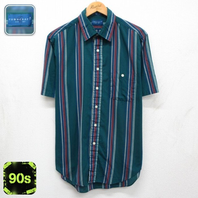 【20%OFF】タウンクラフト 90s 半袖シャツ ストライプ グリーン メンズXL相当 | 古着