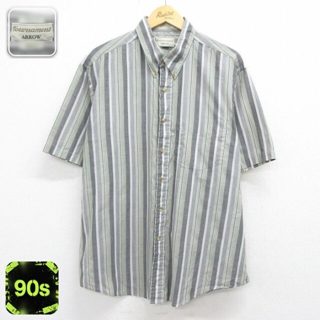 【20%OFF】アロー 90s 半袖シャツ ストライプ グリーン メンズXL相当 | 古着