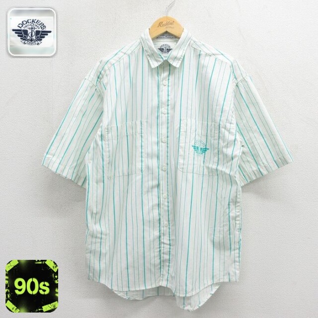 【20%OFF】ドッカーズ 90s 半袖シャツ ワンポイントロゴ グリーンストライプ メンズL相当 | 古着