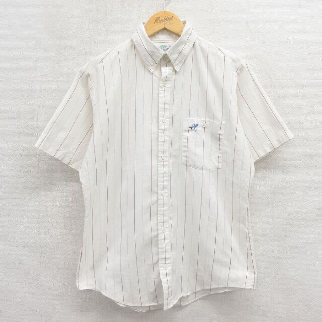 90s 半袖シャツ 鳥 ホワイトストライプ メンズM相当 | 古着