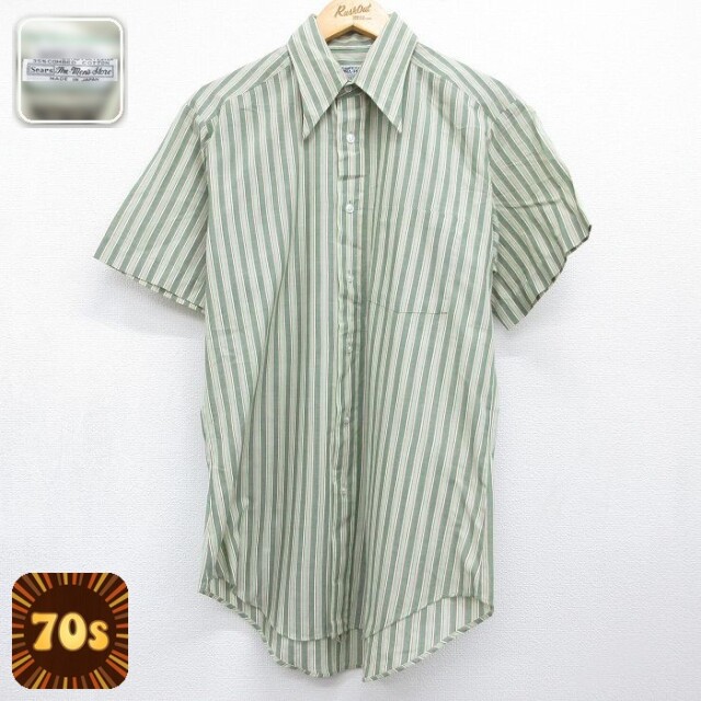 【20%OFF】70s 半袖シャツ ストライプ グリーン メンズL相当 | 古着