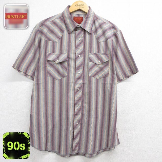 ラスラー 半袖 ウエスタン シャツ 90s グレー ストライプ メンズXL相当 | 古着