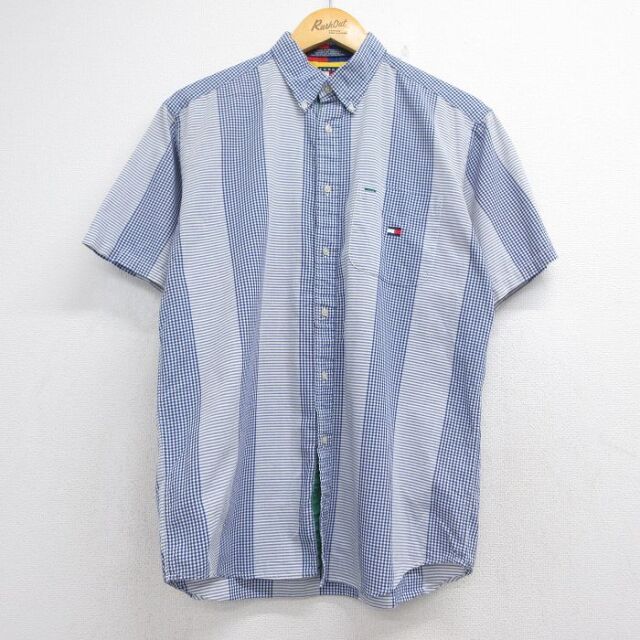 トミーヒルフィガー 90s 半袖シャツ ワンポイントロゴ ブルーストライプ メンズL相当 | 古着