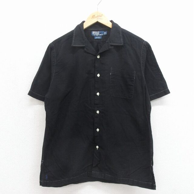 L★古着 ラルフローレン 半袖 ブランド シャツ メンズ 90年代 90s ワンポイントロゴ 裾ロゴ CALDWELL コットン 開襟 オープンカラー ブラック【spe】 26jun10