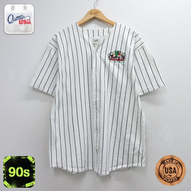 90s 半袖ベースボールシャツ Cherry St BREWERYプリント ホワイトストライプ メンズL相当 | 古着