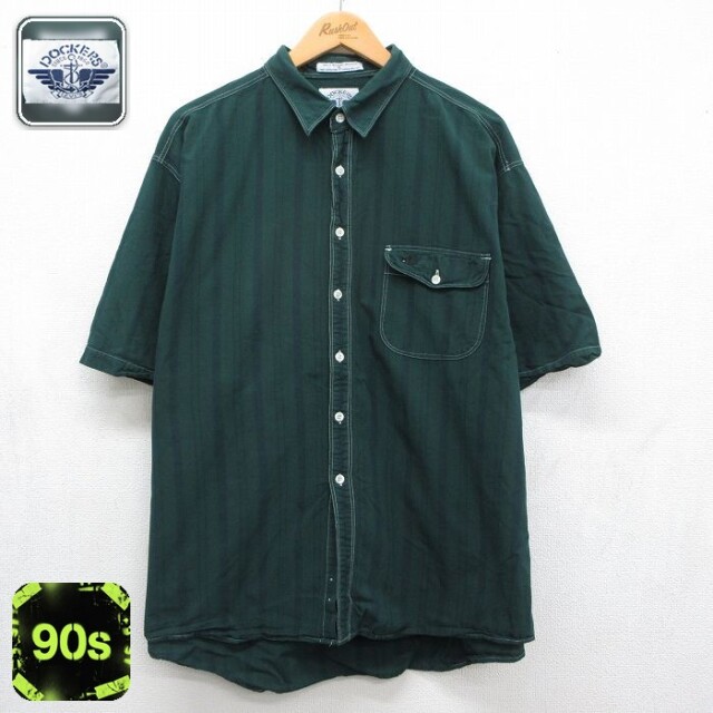 【20%OFF】ドッカーズ 90s 半袖シャツ ワンポイントロゴ グリーンストライプ メンズXL相当 | 古着