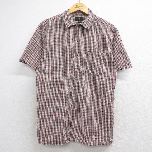 L★古着 半袖 シャツ メンズ シアサッカー コットン バーガンディ チェック 26jun12