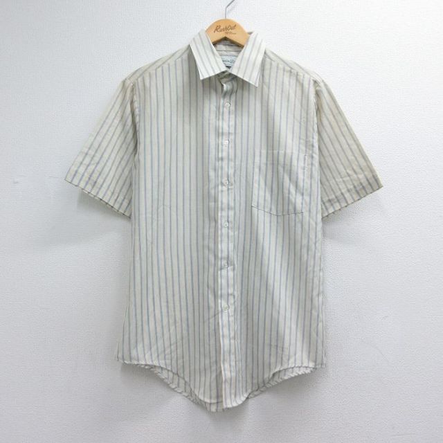 古着通販 M☆古着 半袖 シャツ メンズ 90年代 90s ライトブルー ストライプ