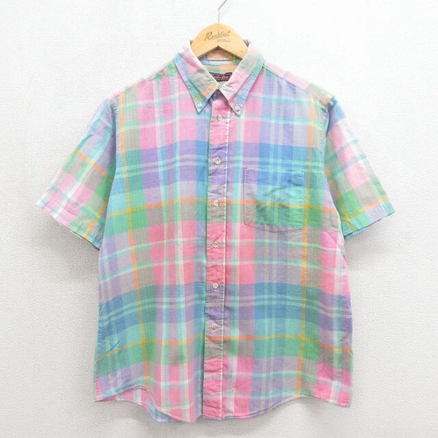 XL★古着 半袖 シャツ 80年代 80s コットン ボタンダウン USA製 ピンク チェック 26jun17