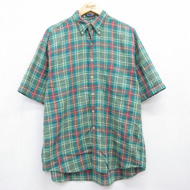 XL★古着 GANT 半袖 シャツ メンズ  90年代 90s オックスフォード コットン ボタンダウン グリーン チェック 26jun23