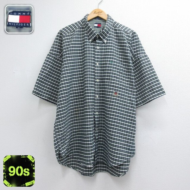 トミーヒルフィガー 90s 半袖シャツ ワンポイントロゴ グリーンチェック メンズXL相当 | 古着