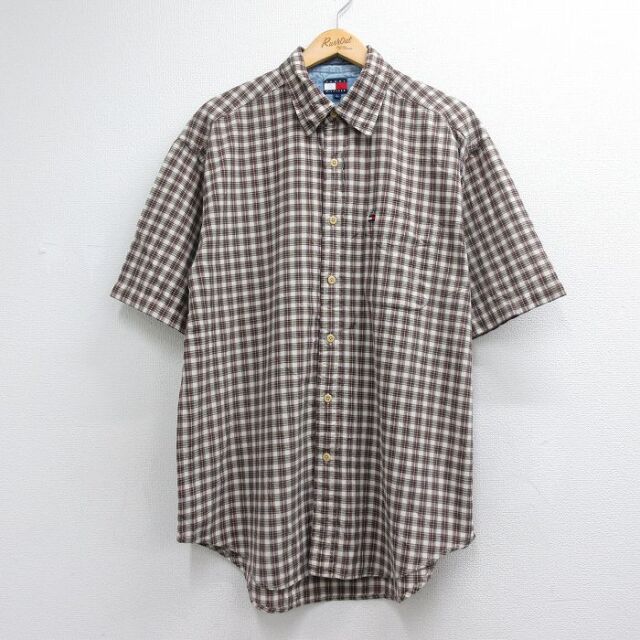 トミーヒルフィガー 90s 半袖シャツ ワンポイントロゴ ベージュチェック メンズXL相当 | 古着