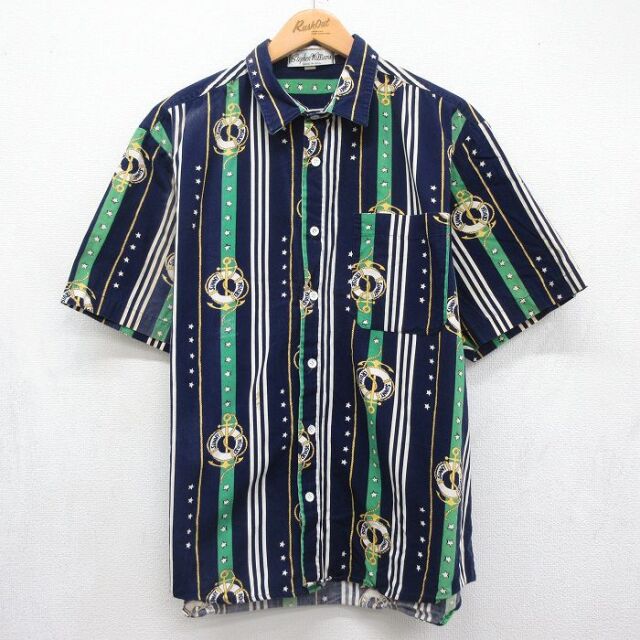 XL★古着 半袖 シャツ メンズ 90年代 90s イカリ コットン USA製 ネイビー 26jul03