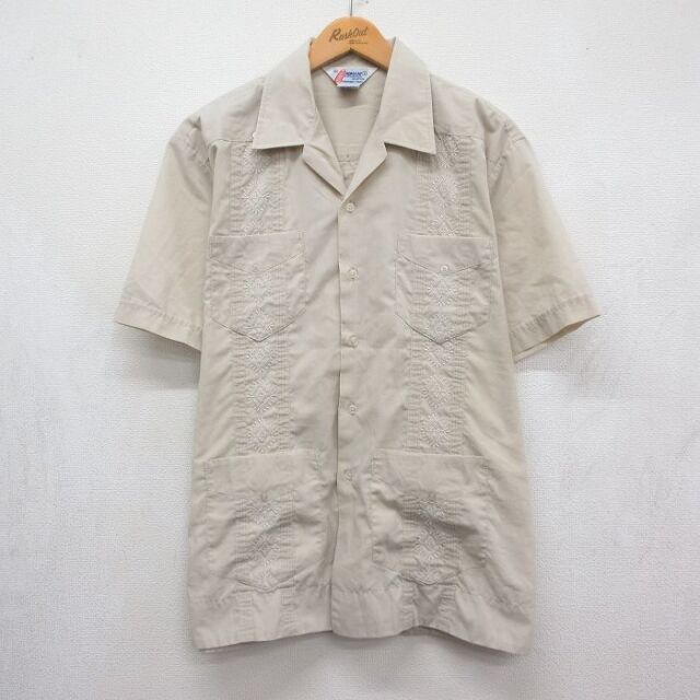 XL★古着 半袖 キューバ シャツ メンズ 80年代 80s 開襟 オープンカラー ベージュ 26jul04