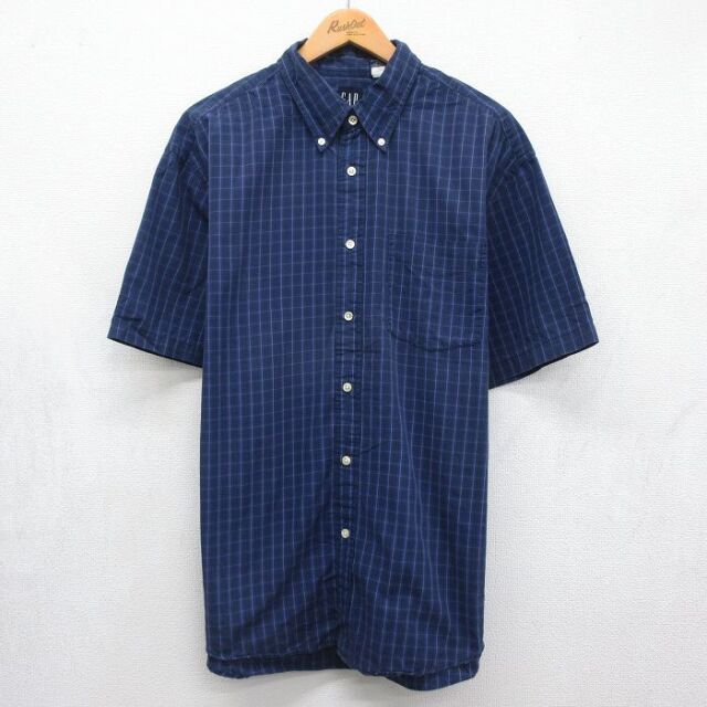 XL★古着 ギャップ GAP 半袖 シャツ メンズ 00年代 00s コットン ボタンダウン ネイビー チェック 26jul04