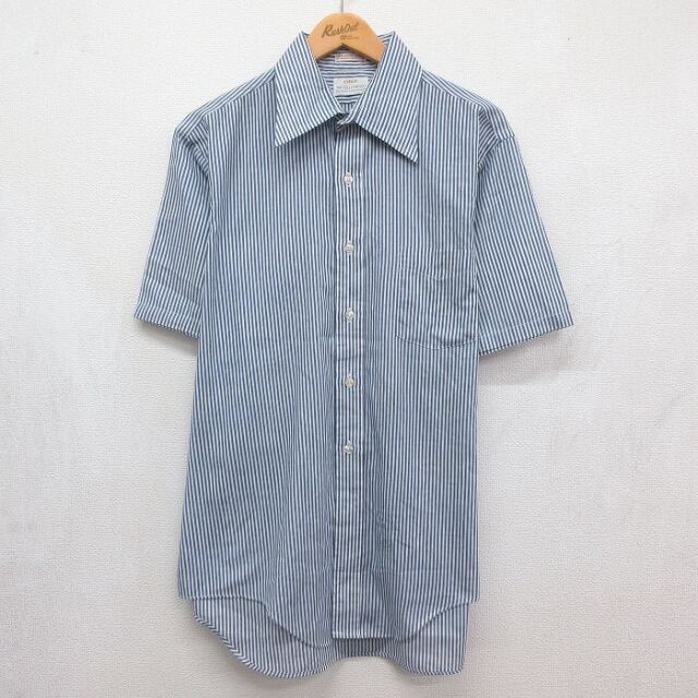 XL★古着 半袖 シャツ メンズ 70年代 70s USA製 ネイビー ストライプ 26jul04