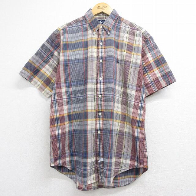 XL★古着 ラルフローレン 半袖 ブランド シャツ メンズ 90年代 90s ワンポイントロゴ コットン ボタンダウン ネイビー チェック【spe】 26jul06