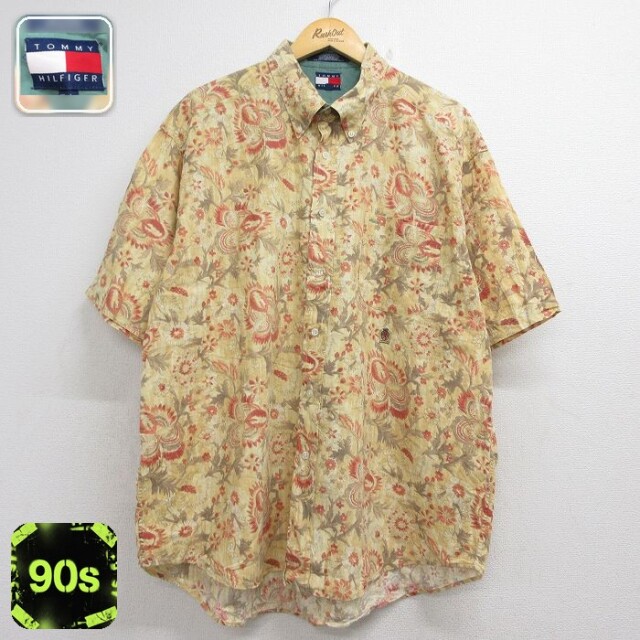 トミーヒルフィガー 90s 半袖シャツ ワンポイントロゴ ベージュ メンズXL相当 | 古着
