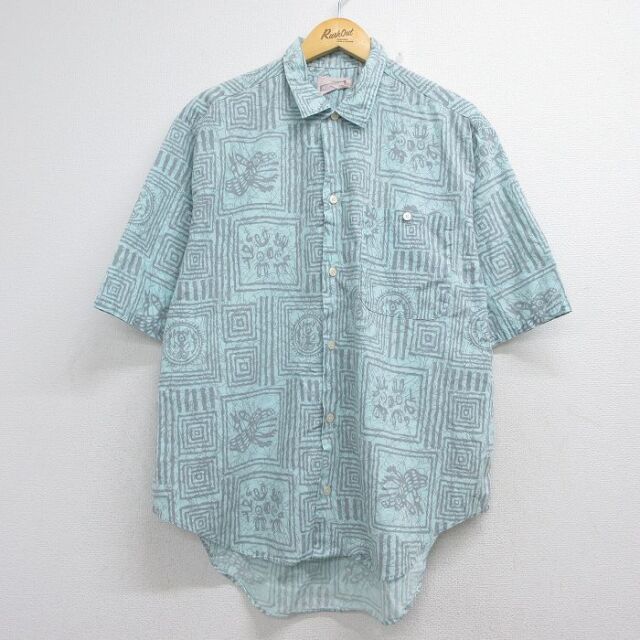 XL★古着 半袖 シャツ メンズ 90年代 90s 総柄 コットン USA製 グリーン 26jul08