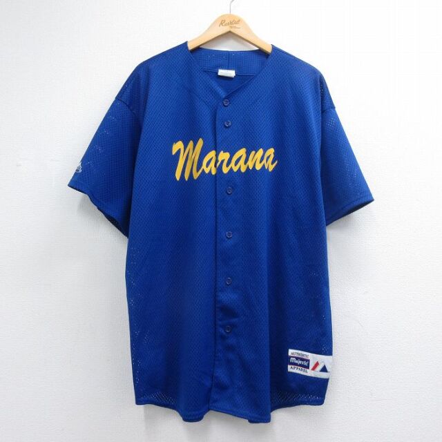 XL★古着 マジェスティック 半袖 ベースボール シャツ メンズ 90年代 90s marana メッシュ地 大きいサイズ ロング丈 USA製 ブルー 26jul10