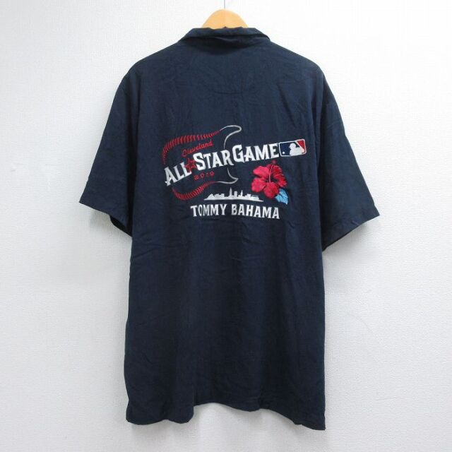 XL★古着 トミーバハマ 半袖 シャツ メンズ MLB オールスターゲーム 刺繍 大きいサイズ ロング丈 シルク 開襟 オープンカラー ネイビー メジャーリーグ ベースボール 野球【spe】 26jul10
