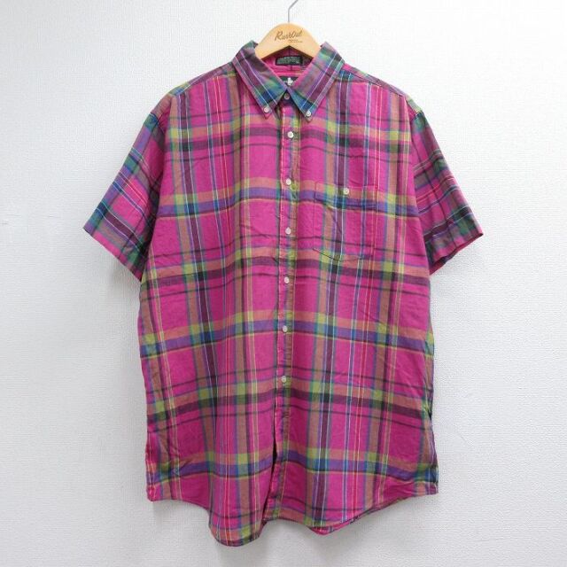 XL★古着 半袖 シャツ メンズ 90年代 90s 大きいサイズ コットン ボタンダウン USA製 ピンク チェック 26jul10