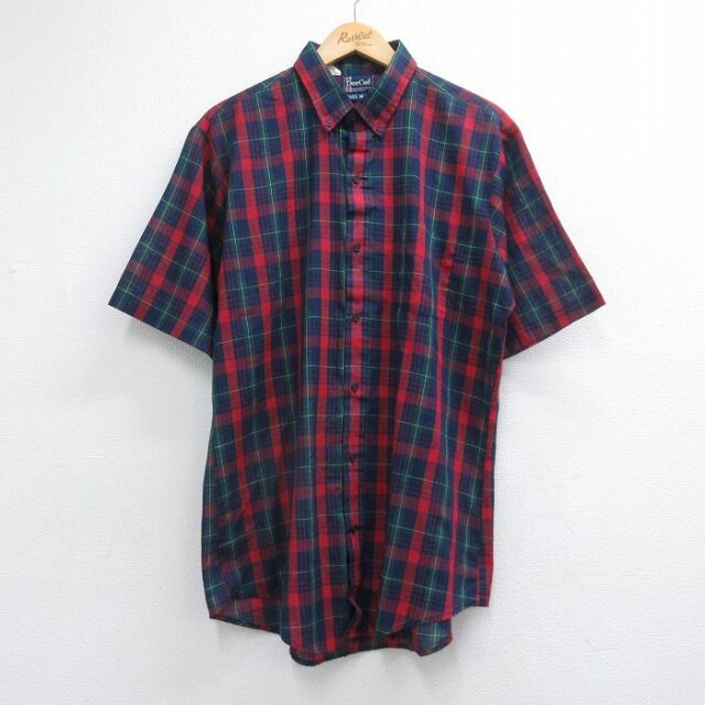 L★古着 DEE CEE 半袖 シャツ メンズ 80年代 80s ロング丈 ボタンダウン USA製 レッド チェック 26jul10